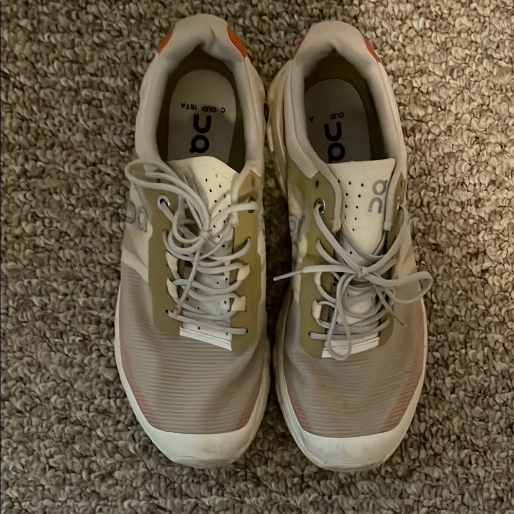 On Running White and Tan Sneakers